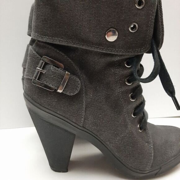 ALDO Canvas Lace-Up High Heel Fold-Over Ankle Boots Sz 8 - 8.5 - Picture 4 of 15